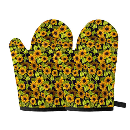 Hand Drawn Sunflower Pattern Print Oven Mitts