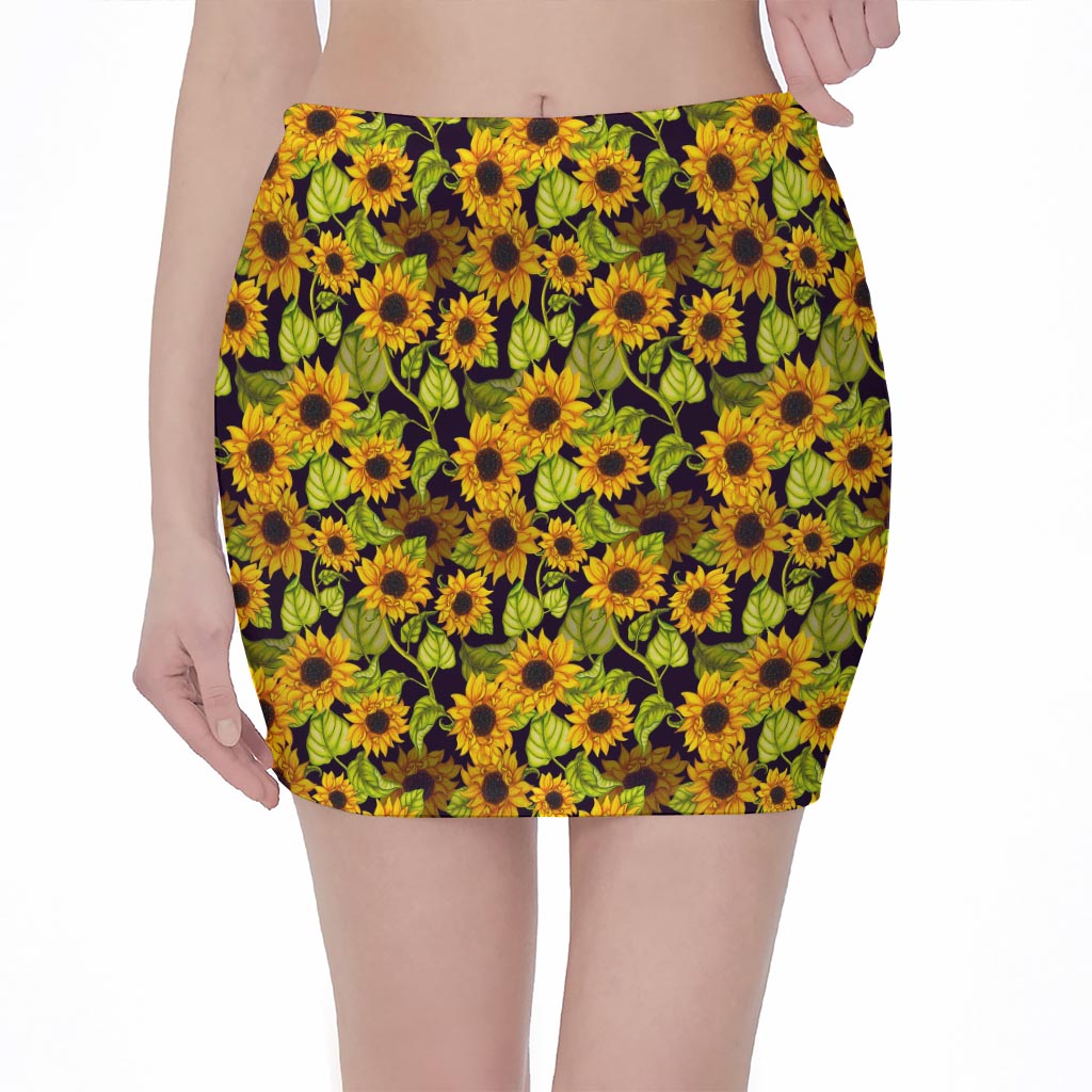 Hand Drawn Sunflower Pattern Print Pencil Mini Skirt