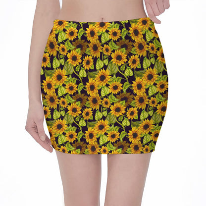 Hand Drawn Sunflower Pattern Print Pencil Mini Skirt
