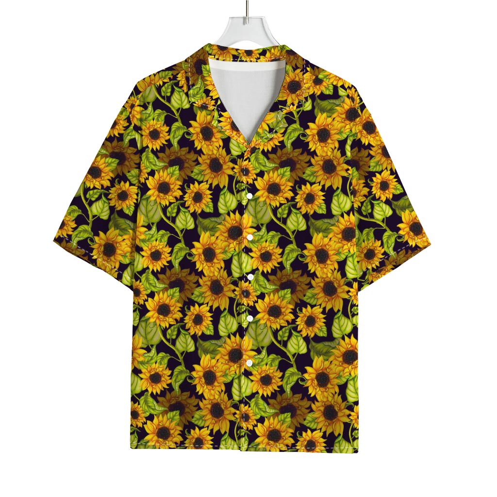 Hand Drawn Sunflower Pattern Print Rayon Hawaiian Shirt