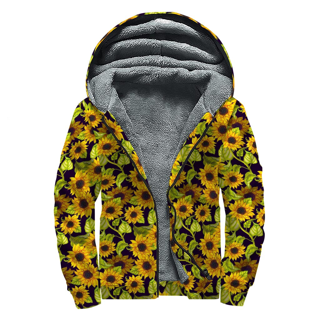 Hand Drawn Sunflower Pattern Print Sherpa Lined Zip Up Hoodie