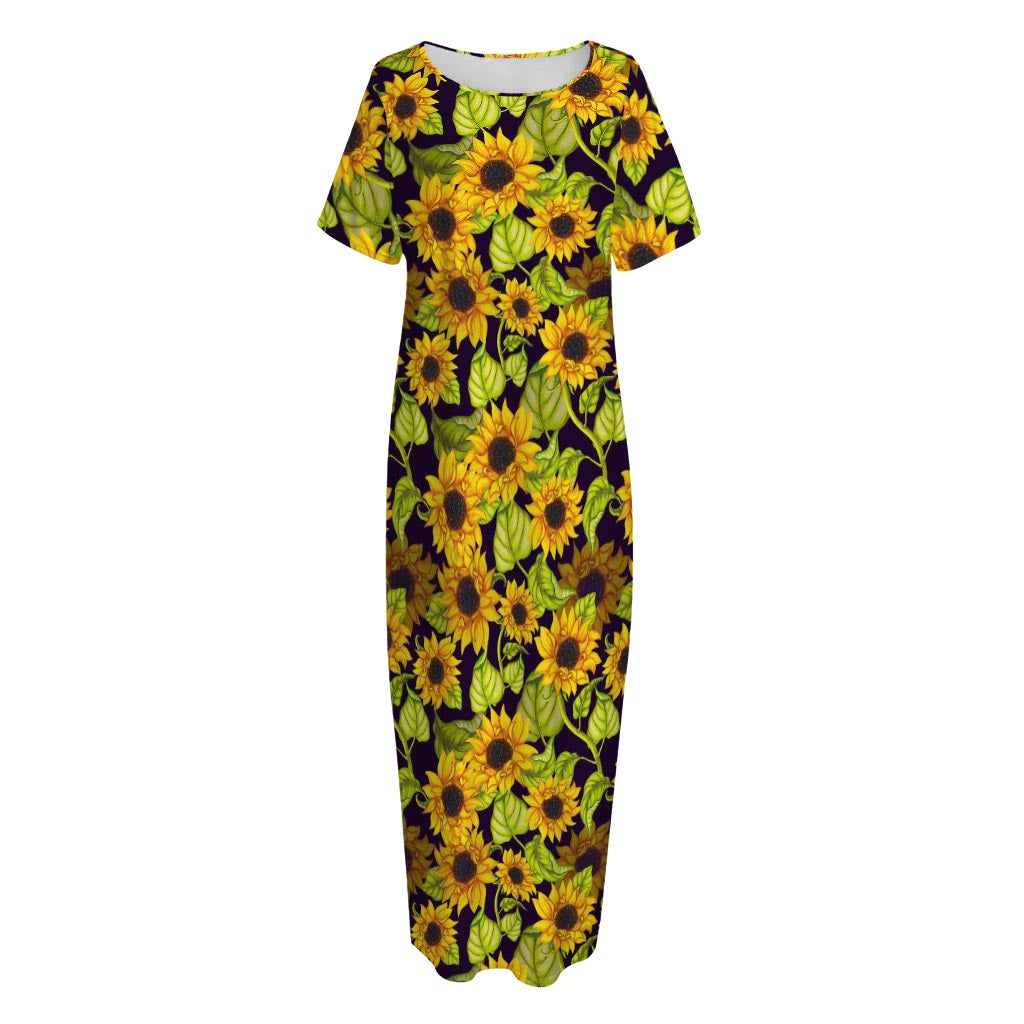 Hand Drawn Sunflower Pattern Print Short Sleeve Long Nightdress