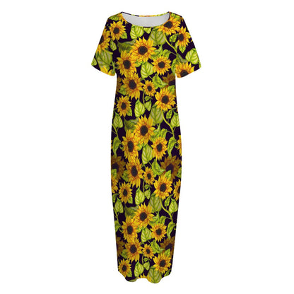 Hand Drawn Sunflower Pattern Print Short Sleeve Long Nightdress