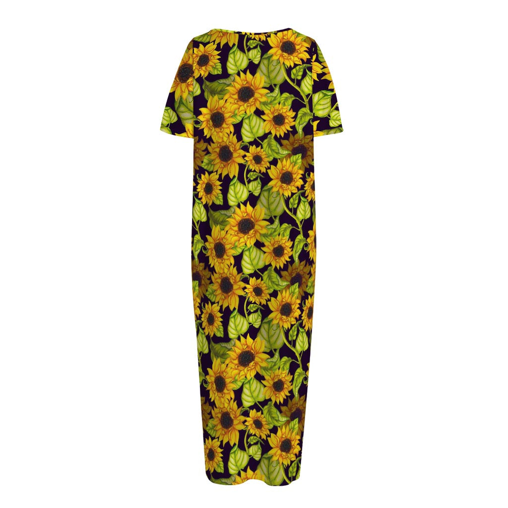 Hand Drawn Sunflower Pattern Print Short Sleeve Long Nightdress