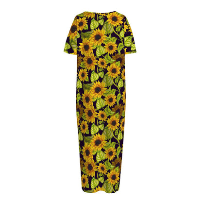 Hand Drawn Sunflower Pattern Print Short Sleeve Long Nightdress