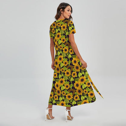 Hand Drawn Sunflower Pattern Print Short Sleeve Maxi Dress