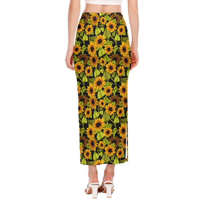 Hand Drawn Sunflower Pattern Print Side Slit Maxi Skirt