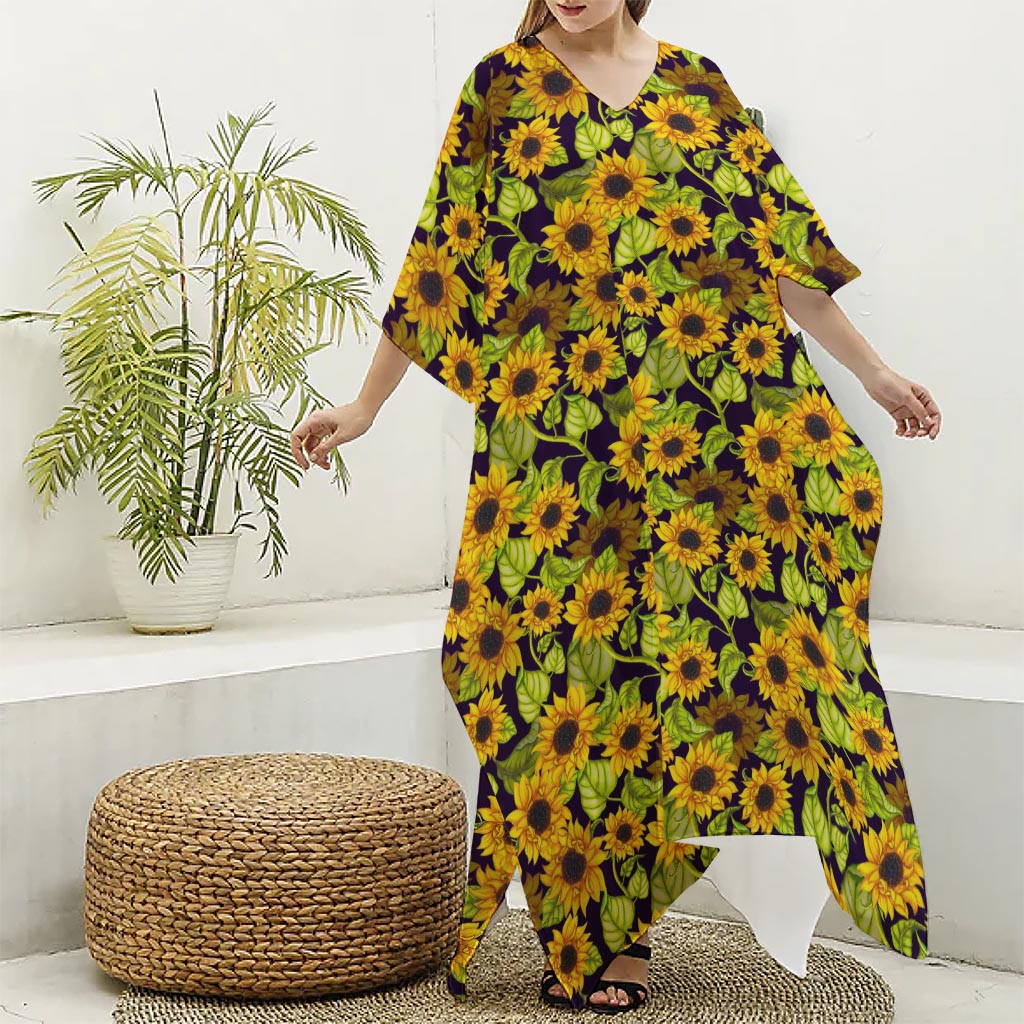 Hand Drawn Sunflower Pattern Print Silk V-Neck Kaftan Dress