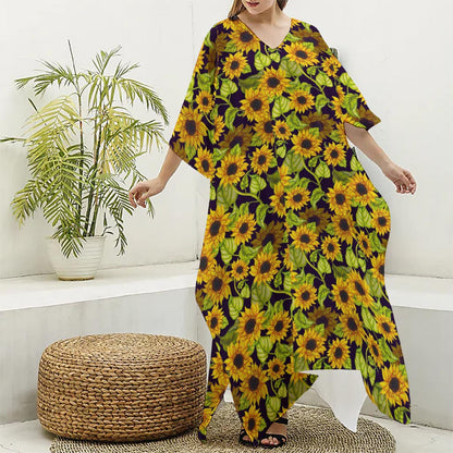 Hand Drawn Sunflower Pattern Print Silk V-Neck Kaftan Dress