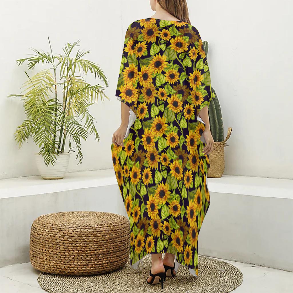 Hand Drawn Sunflower Pattern Print Silk V-Neck Kaftan Dress