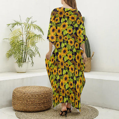 Hand Drawn Sunflower Pattern Print Silk V-Neck Kaftan Dress