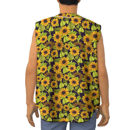 Hand Drawn Sunflower Pattern Print Sleeveless Baseball Jersey