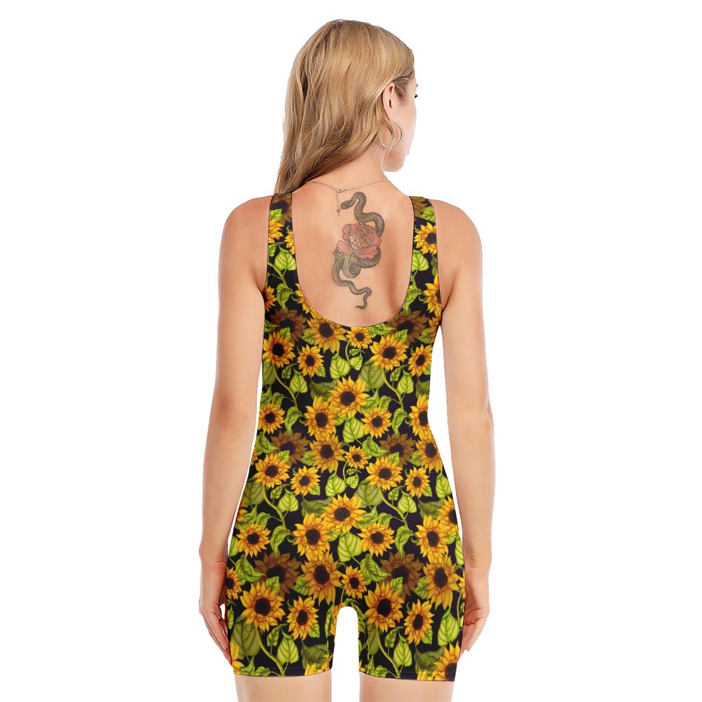 Hand Drawn Sunflower Pattern Print Sleeveless One Piece Swimsuit