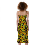 Hand Drawn Sunflower Pattern Print Slim Fit Midi Cami Dress
