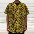 Hand Drawn Sunflower Pattern Print Textured Short Sleeve Shirt