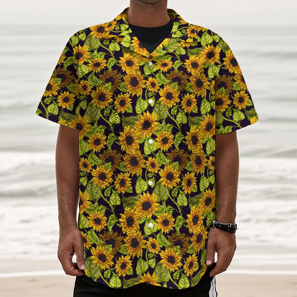 Hand Drawn Sunflower Pattern Print Textured Short Sleeve Shirt