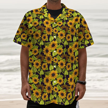 Hand Drawn Sunflower Pattern Print Textured Short Sleeve Shirt
