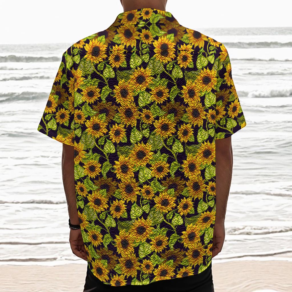 Hand Drawn Sunflower Pattern Print Textured Short Sleeve Shirt