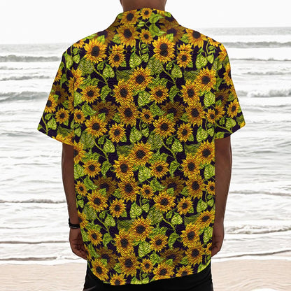 Hand Drawn Sunflower Pattern Print Textured Short Sleeve Shirt