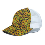 Hand Drawn Sunflower Pattern Print White Mesh Trucker Cap