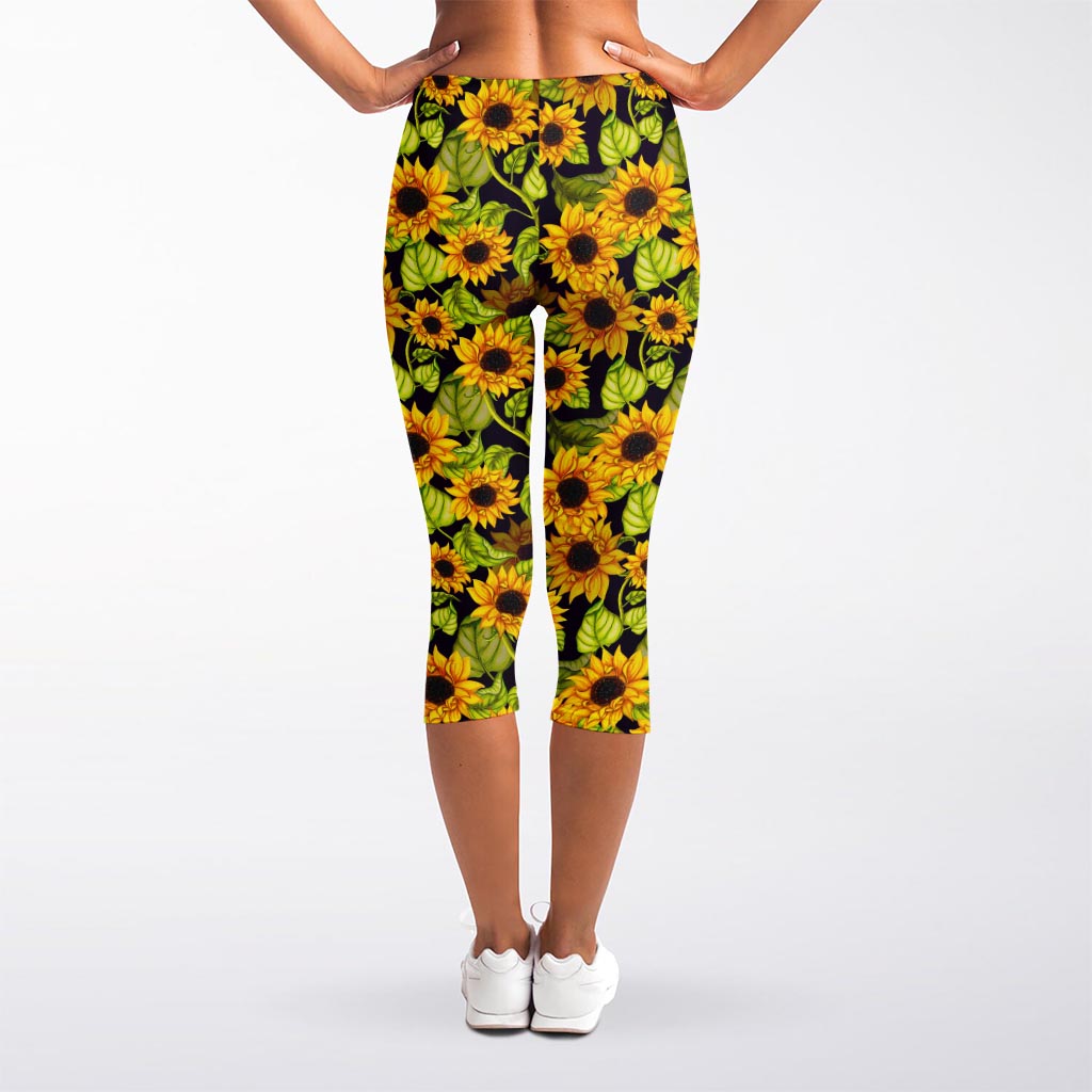 Hand Drawn Sunflower Pattern Print Women's Capri Leggings