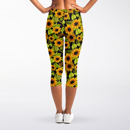 Hand Drawn Sunflower Pattern Print Women's Capri Leggings