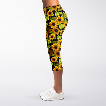 Hand Drawn Sunflower Pattern Print Women's Capri Leggings