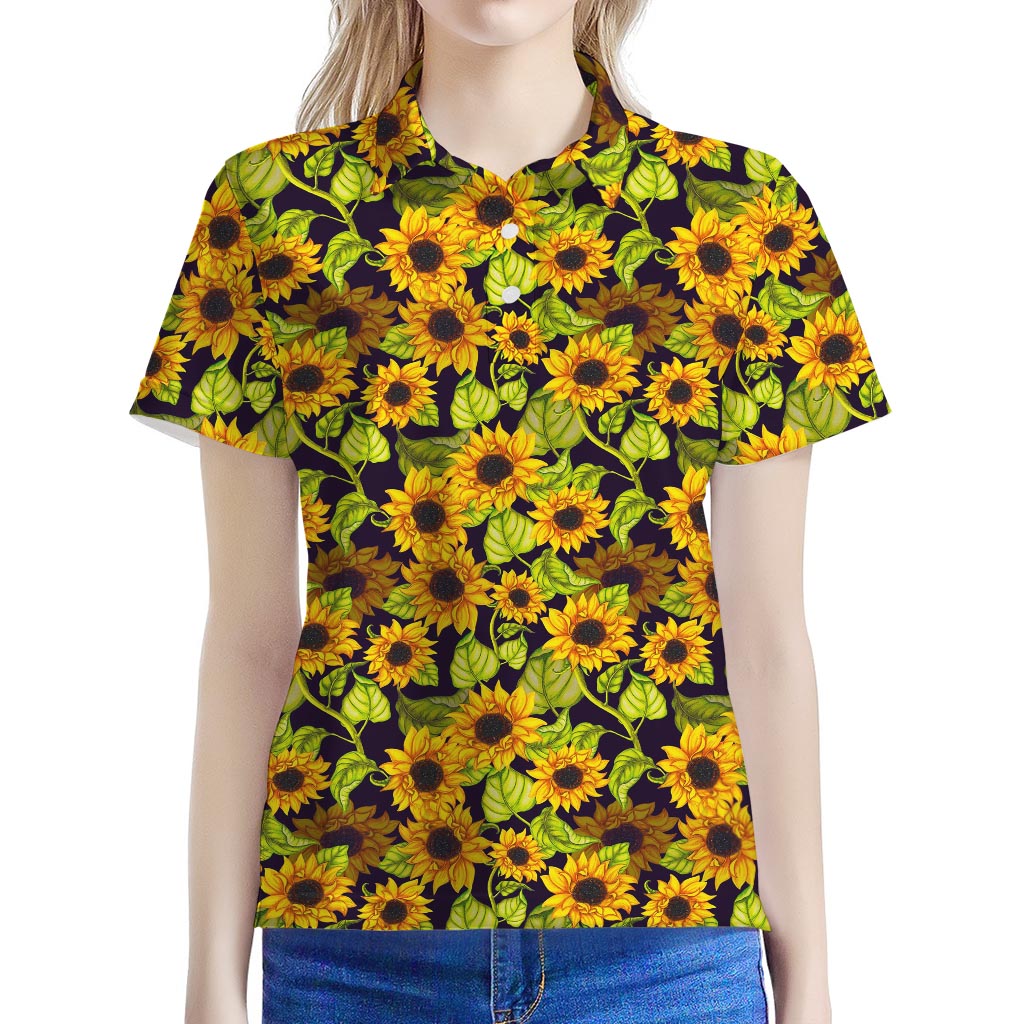 Hand Drawn Sunflower Pattern Print Women's Polo Shirt
