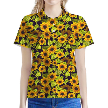 Hand Drawn Sunflower Pattern Print Women's Polo Shirt