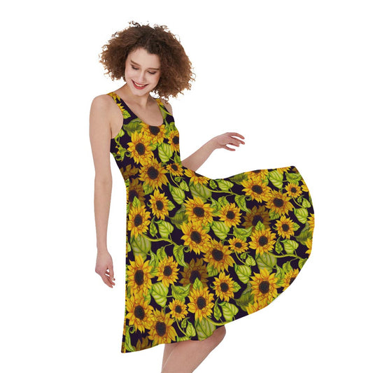 Hand Drawn Sunflower Pattern Print Women's Sleeveless Dress