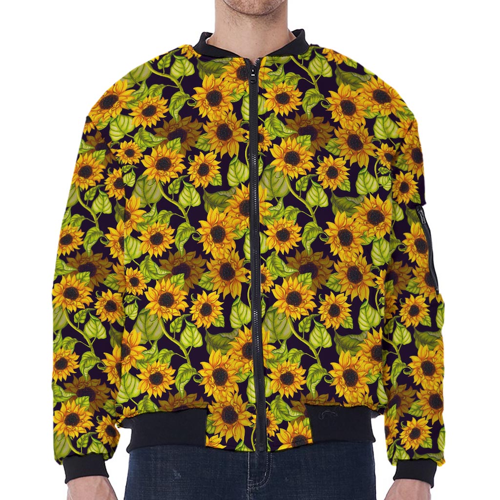 Hand Drawn Sunflower Pattern Print Zip Sleeve Bomber Jacket