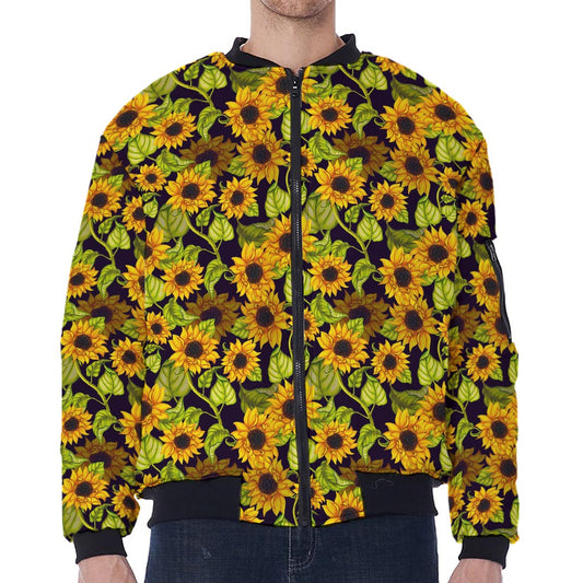 Hand Drawn Sunflower Pattern Print Zip Sleeve Bomber Jacket