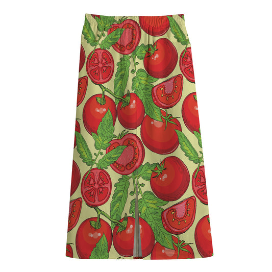 Hand Drawn Tomato Pattern Print Cotton Front Slit Maxi Skirt