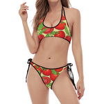 Hand Drawn Tomato Pattern Print Halter Scoop Tie Side Bikini