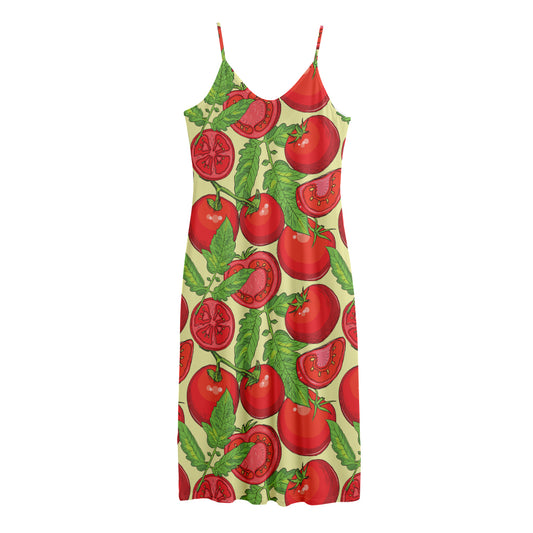 Hand Drawn Tomato Pattern Print Jersey Midi Cami Dress