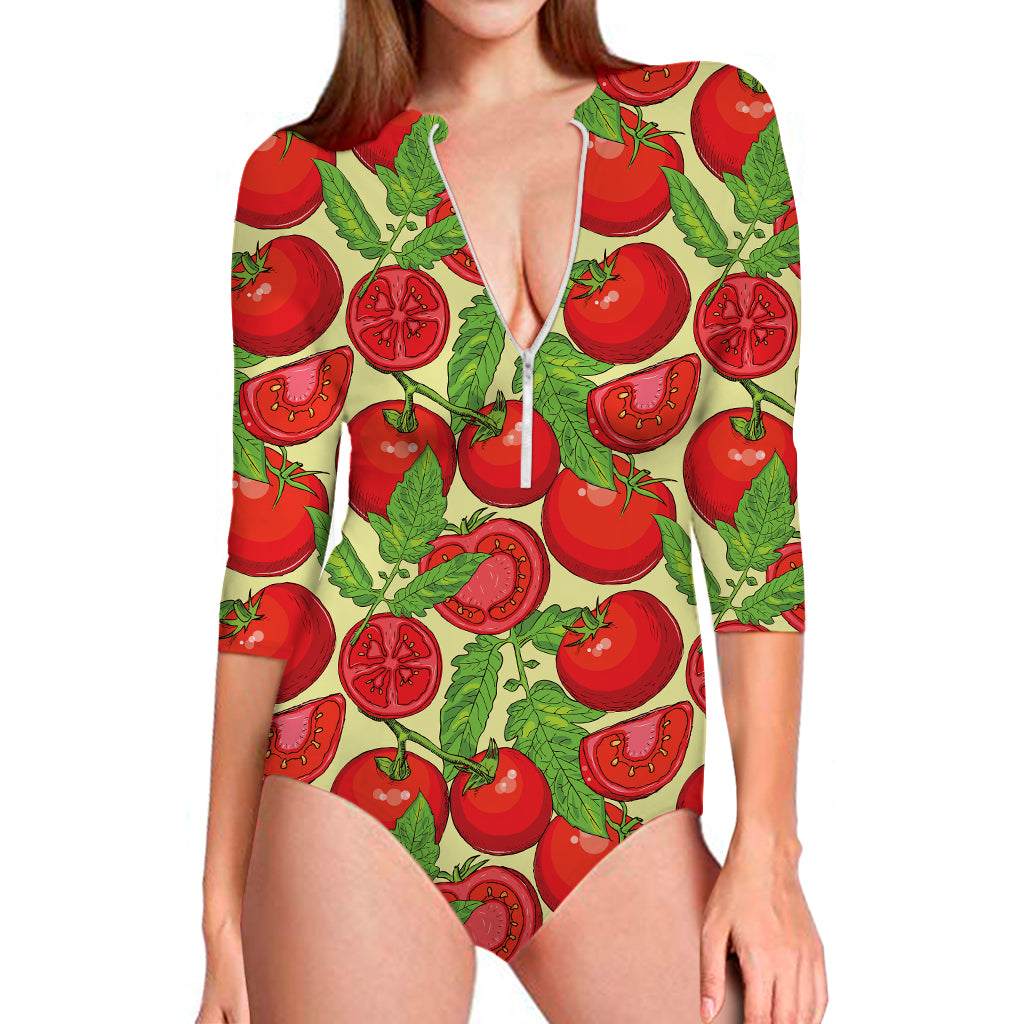Hand Drawn Tomato Pattern Print Long Sleeve Swimsuit