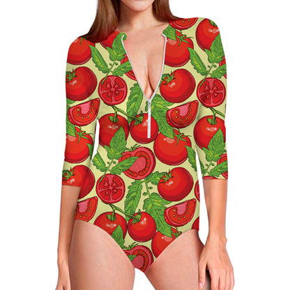 Hand Drawn Tomato Pattern Print Long Sleeve Swimsuit