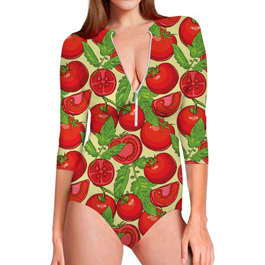 Hand Drawn Tomato Pattern Print Long Sleeve Swimsuit