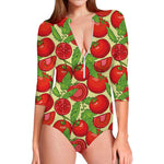Hand Drawn Tomato Pattern Print Long Sleeve Swimsuit