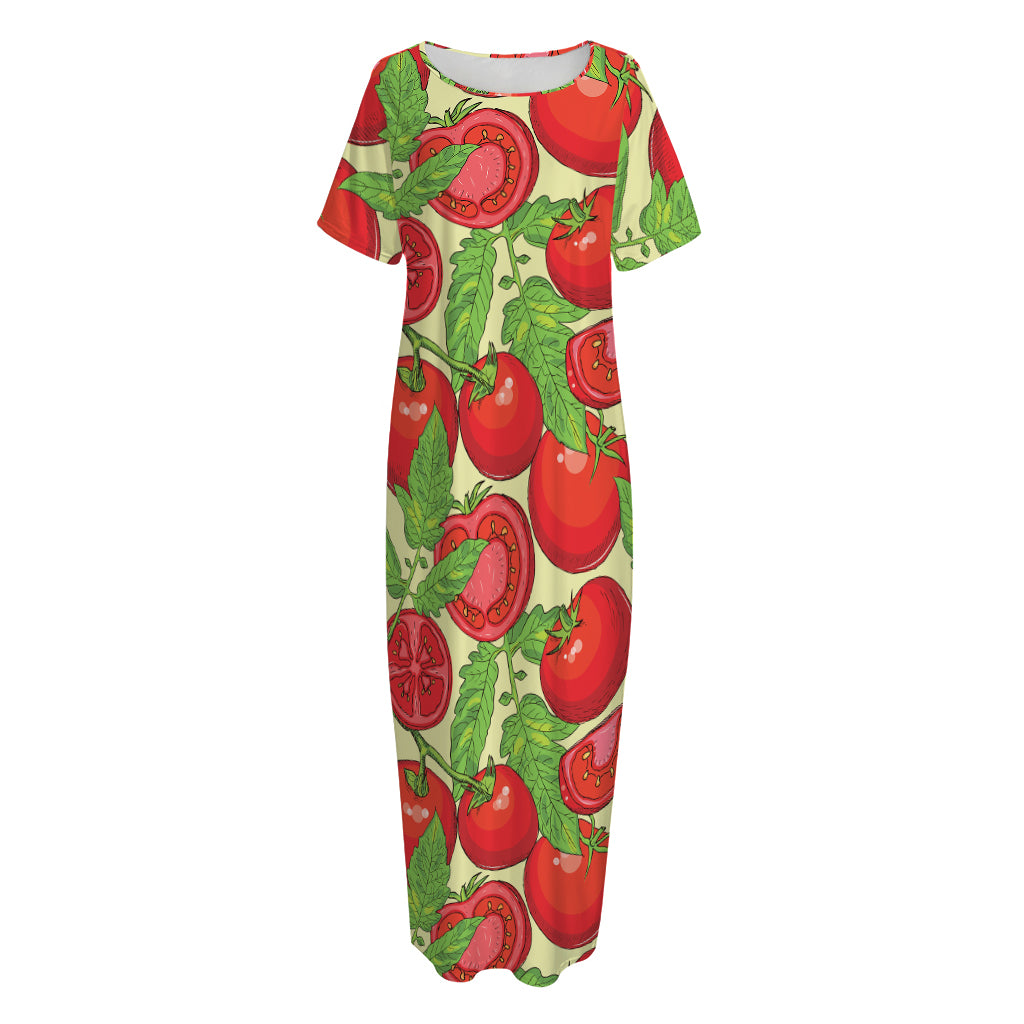 Hand Drawn Tomato Pattern Print Short Sleeve Long Nightdress