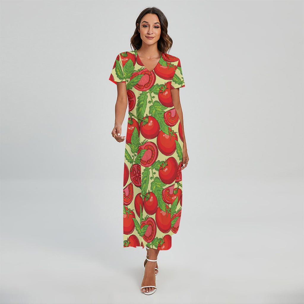 Hand Drawn Tomato Pattern Print Short Sleeve Maxi Dress