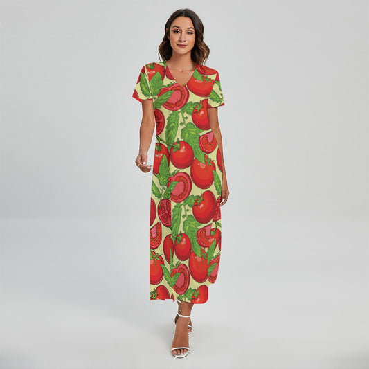 Hand Drawn Tomato Pattern Print Short Sleeve Maxi Dress