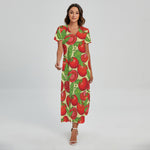 Hand Drawn Tomato Pattern Print Short Sleeve Maxi Dress
