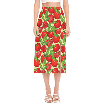 Hand Drawn Tomato Pattern Print Side Slit Midi Skirt