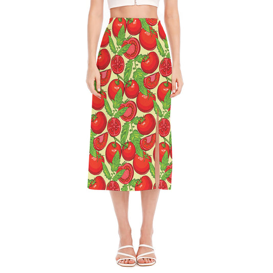 Hand Drawn Tomato Pattern Print Side Slit Midi Skirt
