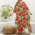 Hand Drawn Tomato Pattern Print Silk V-Neck Kaftan Dress