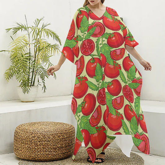 Hand Drawn Tomato Pattern Print Silk V-Neck Kaftan Dress