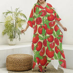 Hand Drawn Tomato Pattern Print Silk V-Neck Kaftan Dress