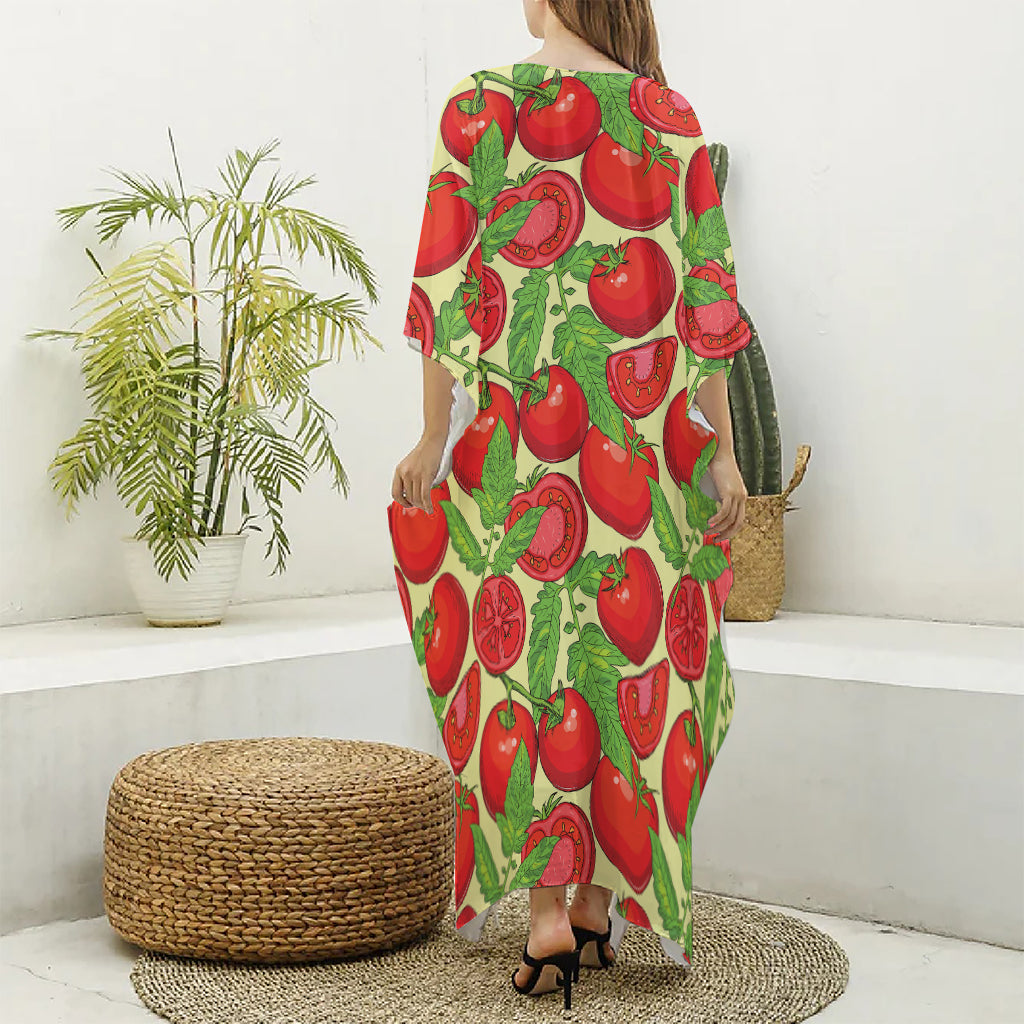 Hand Drawn Tomato Pattern Print Silk V-Neck Kaftan Dress
