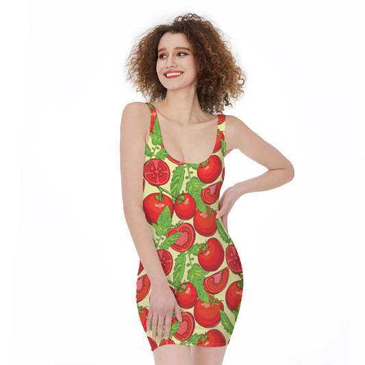 Hand Drawn Tomato Pattern Print Sleeveless Bodycon Dress